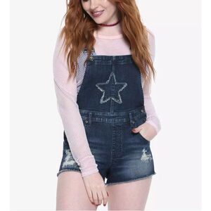 Junior Womens Hot Topic Blackheart Indigo Star Shortalls Denim Jean Overalls - 3